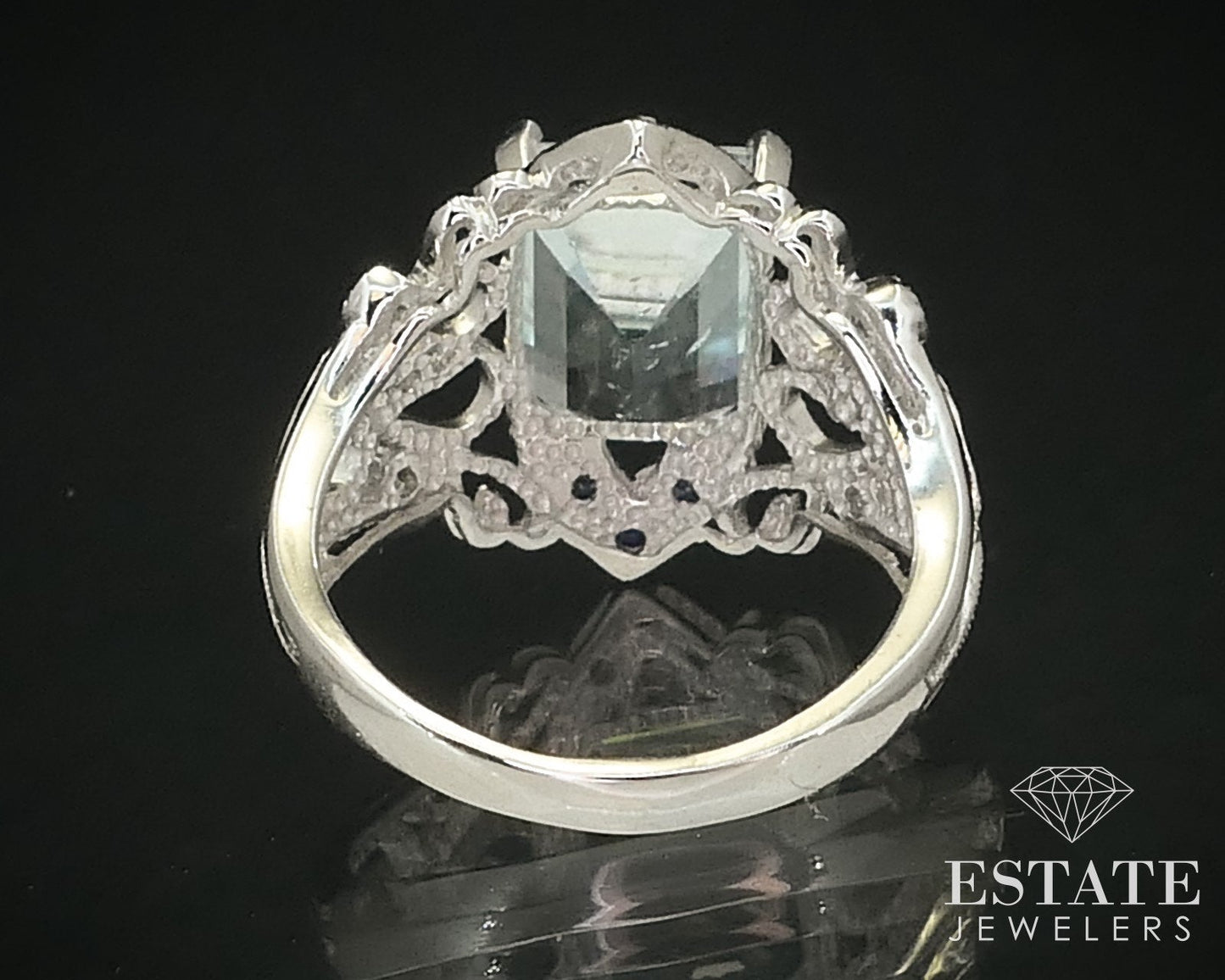 14k White Gold Natural Aquamarine Sapphire Diamond Filigree Ring 5.5g i15822