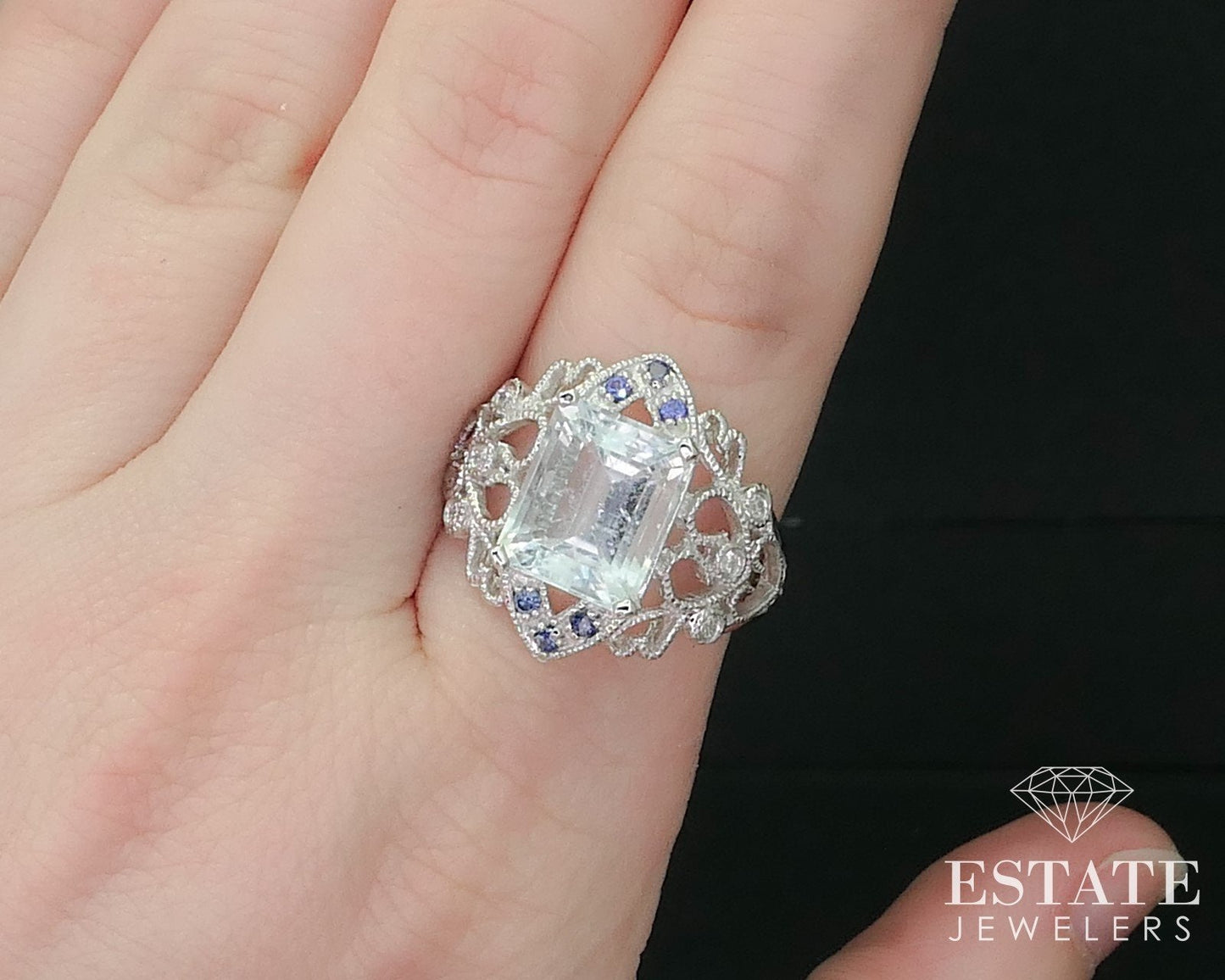 14k White Gold Natural Aquamarine Sapphire Diamond Filigree Ring 5.5g i15822