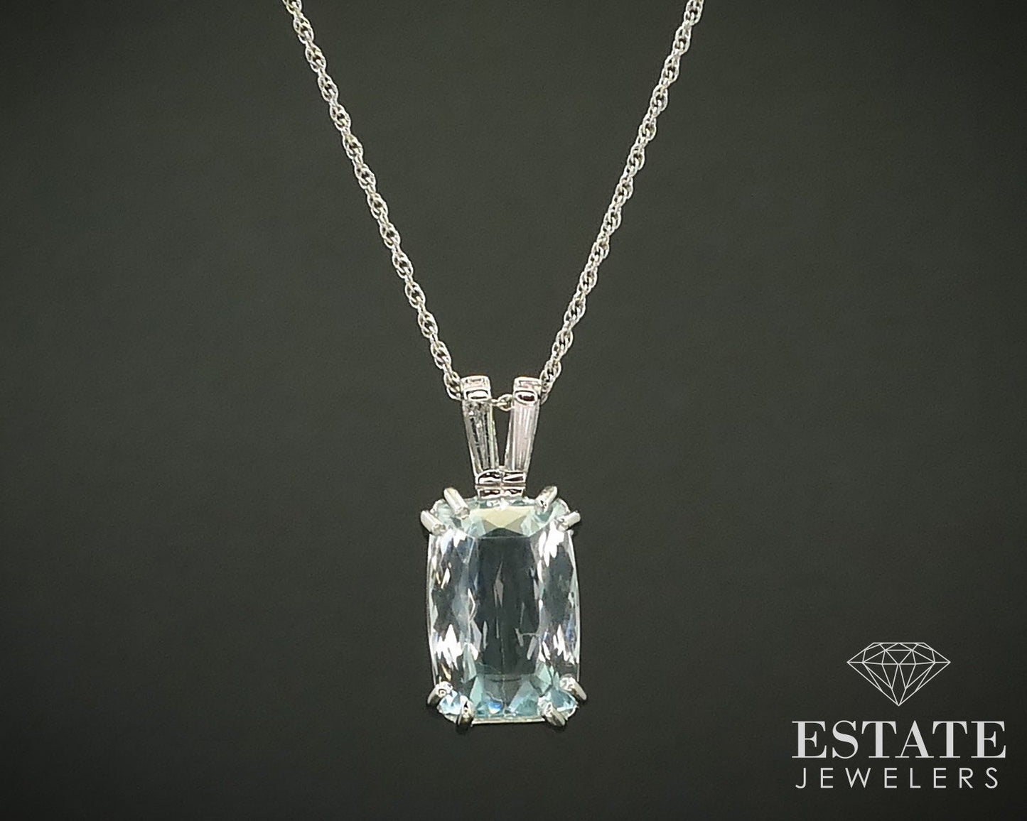 14k White Gold Cushion Natural 5ct Aquamarine Ladies Necklace 4.5g i15852