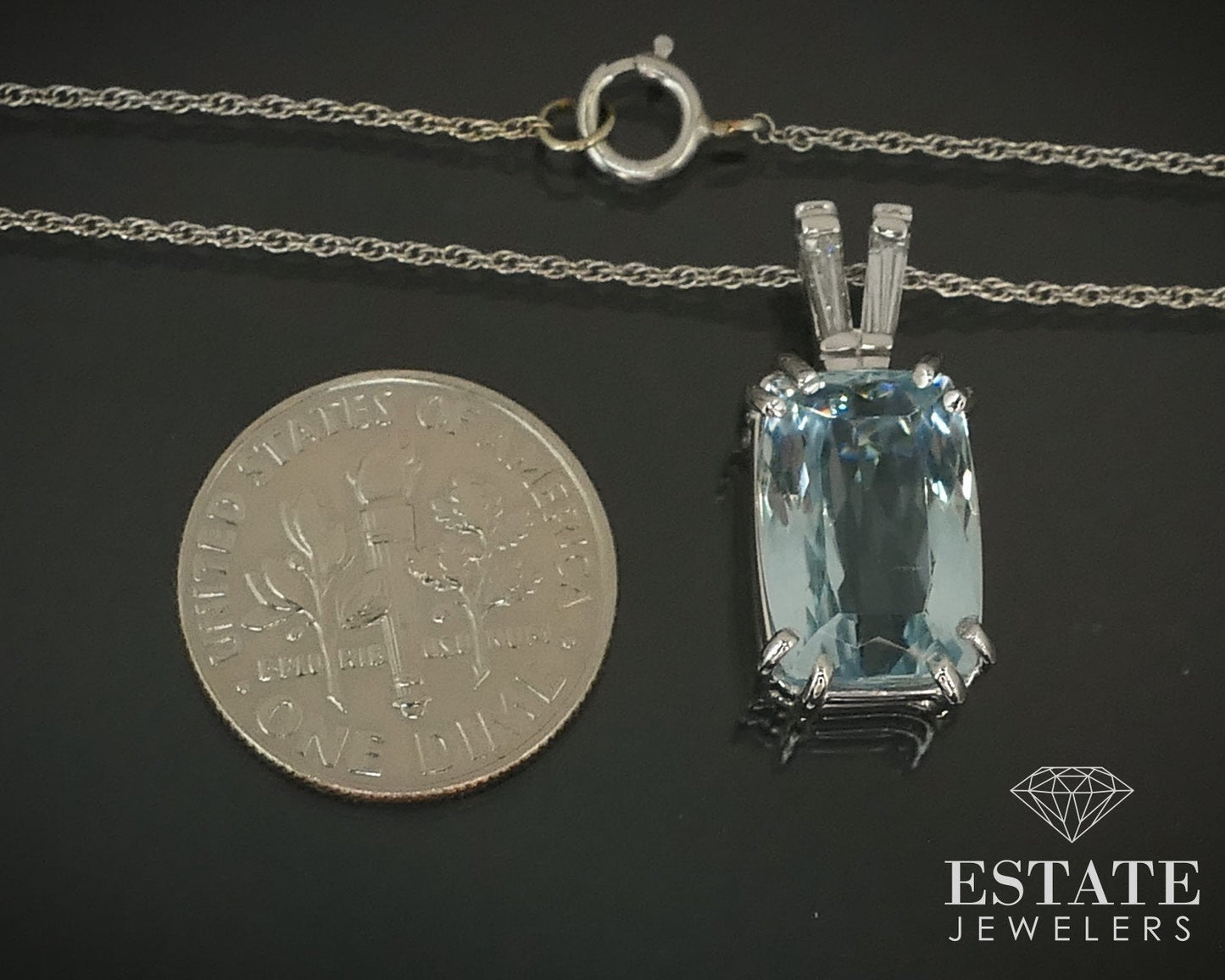 14k White Gold Cushion Natural 5ct Aquamarine Ladies Necklace 4.5g i15852