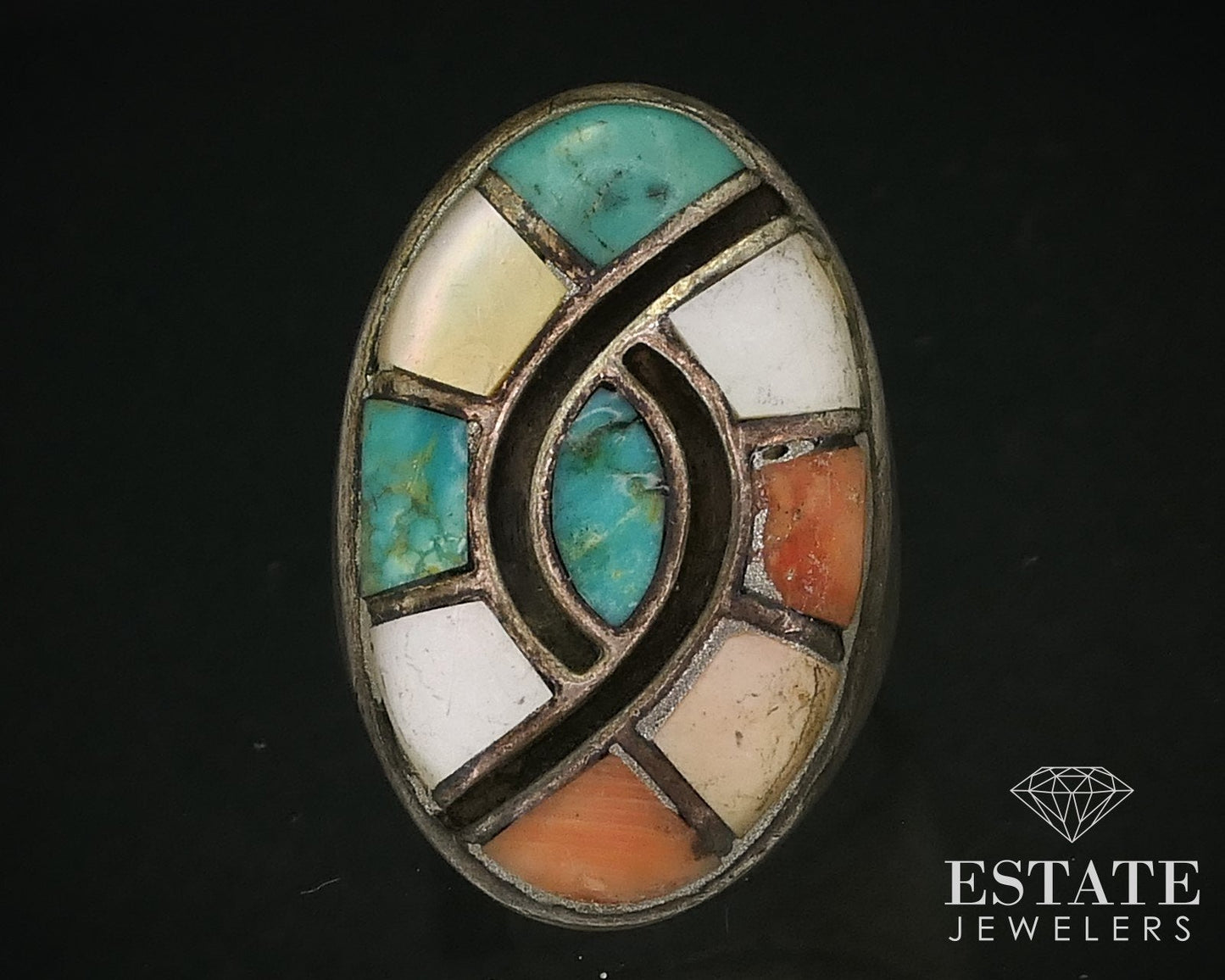 Vintage Sterling Signed Navajo Multi Gem Large Mens Band Ring 34g i15944