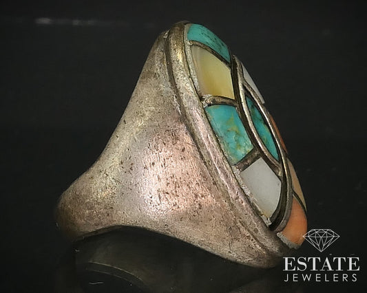 Vintage Sterling Signed Navajo Multi Gem Large Mens Band Ring 34g i15944