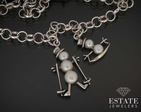 Sterling Silver Cultured Pearl Snowman Charm Bracelet 14.7g 7.5"L i15936