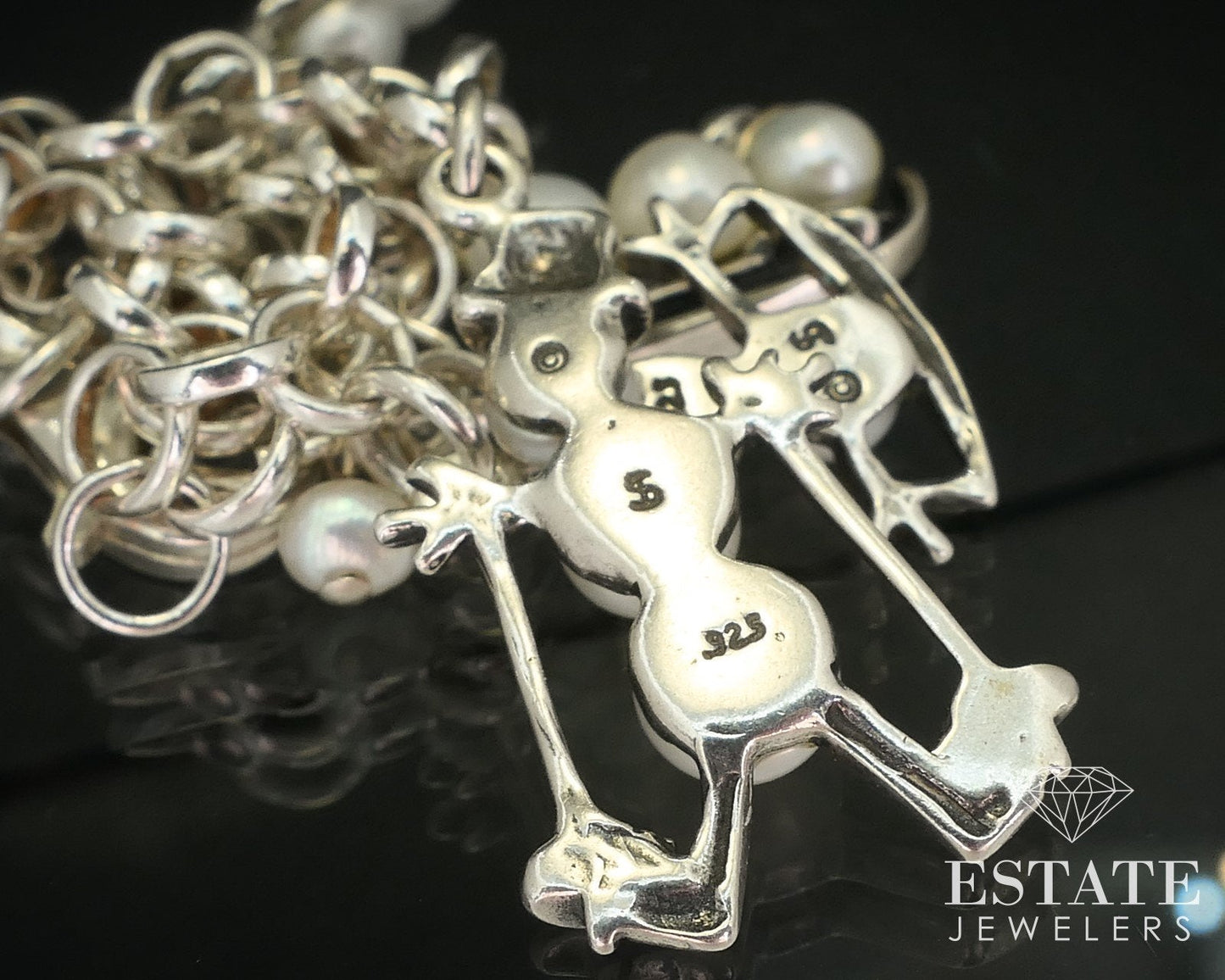 Sterling Silver Cultured Pearl Snowman Charm Bracelet 14.7g 7.5"L i15936