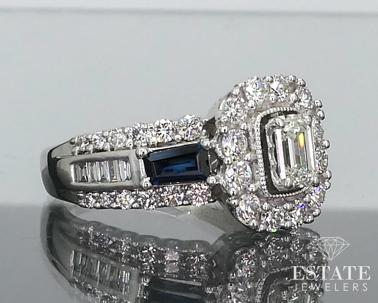 14k White Gold Emerald Natural 1.16ctw Diamond Sapphire Engagement Ring i15985