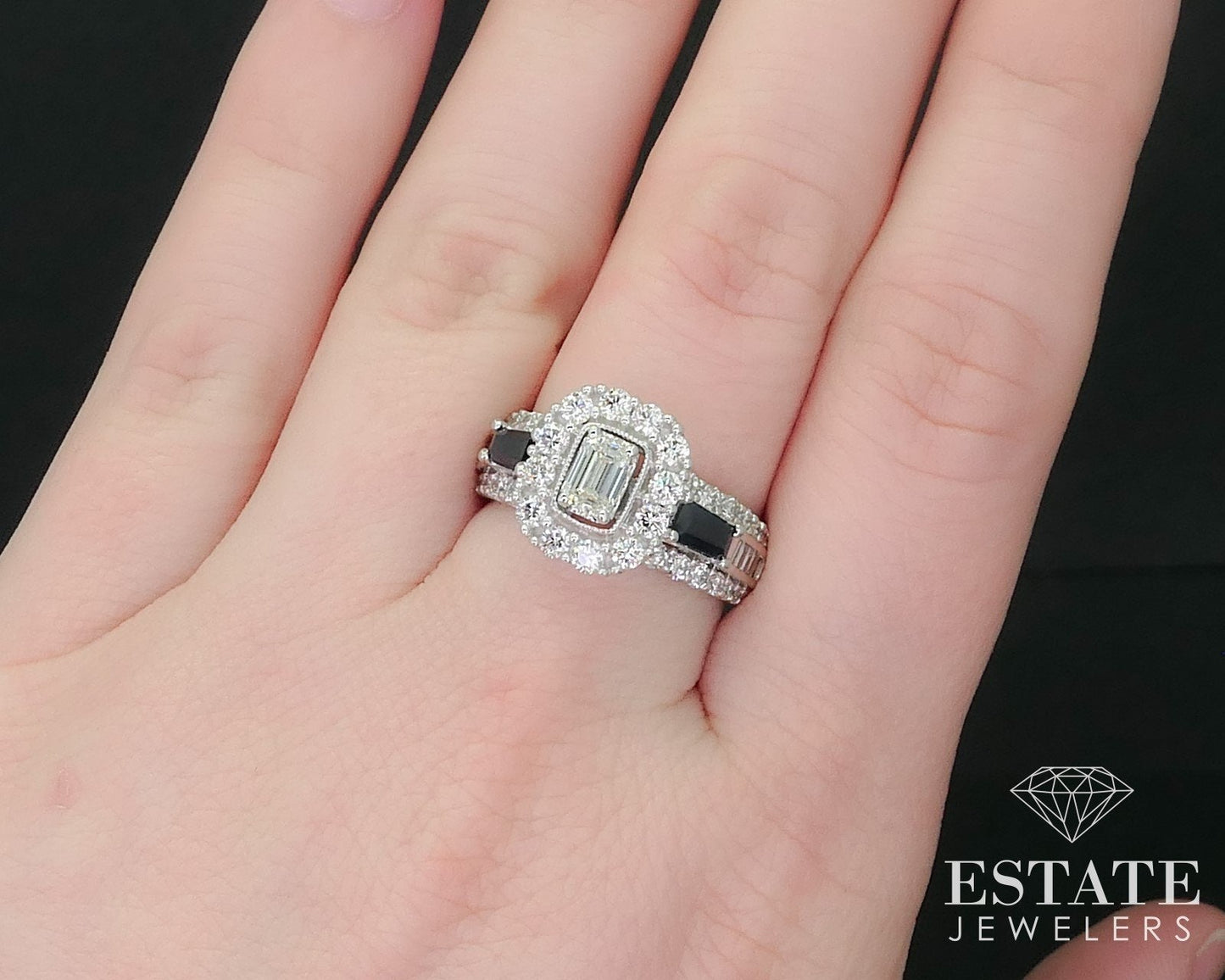 14k White Gold Emerald Natural 1.16ctw Diamond Sapphire Engagement Ring i15985