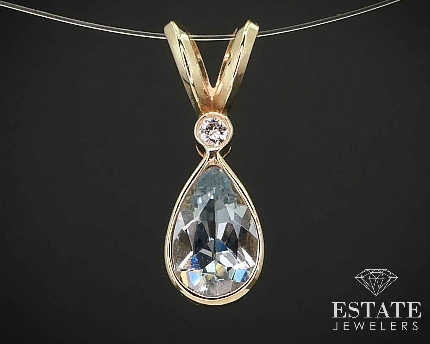 14k Yellow Gold Pear Natural Aquamarine & Diamond Tear Drop Pendant 1.1g i15966