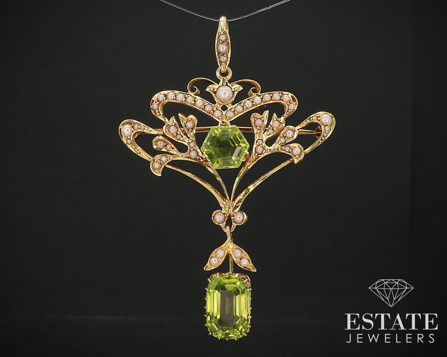 Antique Nouveau 15k Yellow Gold Natural Peridot & Pearl Pin Pendant 10g i15953