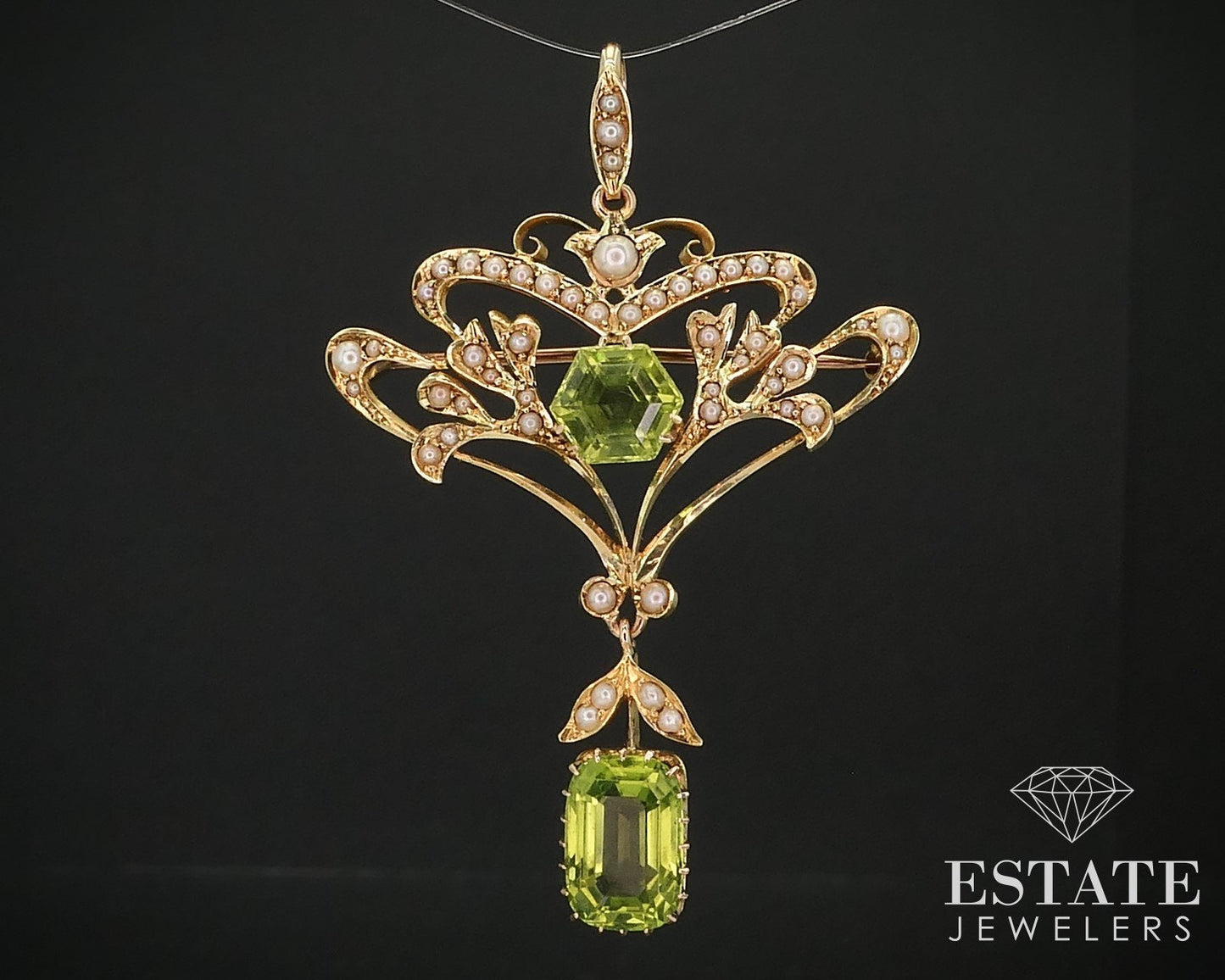 Antique Nouveau 15k Yellow Gold Natural Peridot & Pearl Pin Pendant 10g i15953
