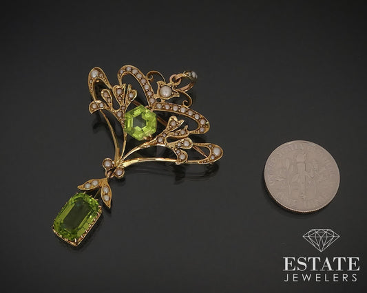Antique Nouveau 15k Yellow Gold Natural Peridot & Pearl Pin Pendant 10g i15953