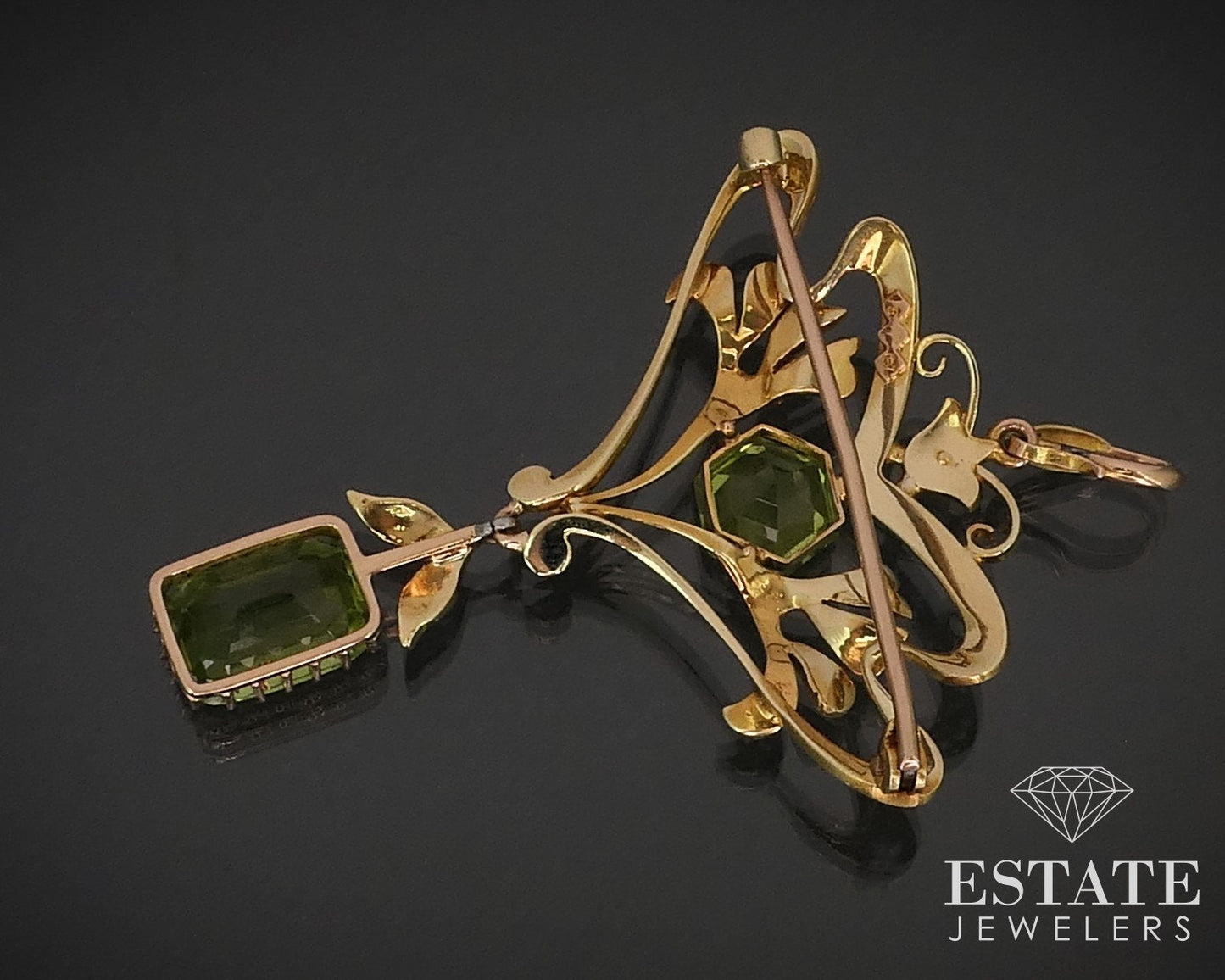 Antique Nouveau 15k Yellow Gold Natural Peridot & Pearl Pin Pendant 10g i15953