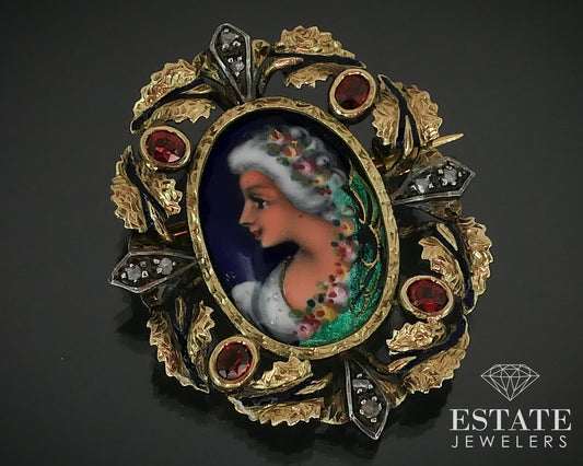 Antique Portuguese 18k Gold & Silver Portrait Diamond Pin Pendant 8g i15627
