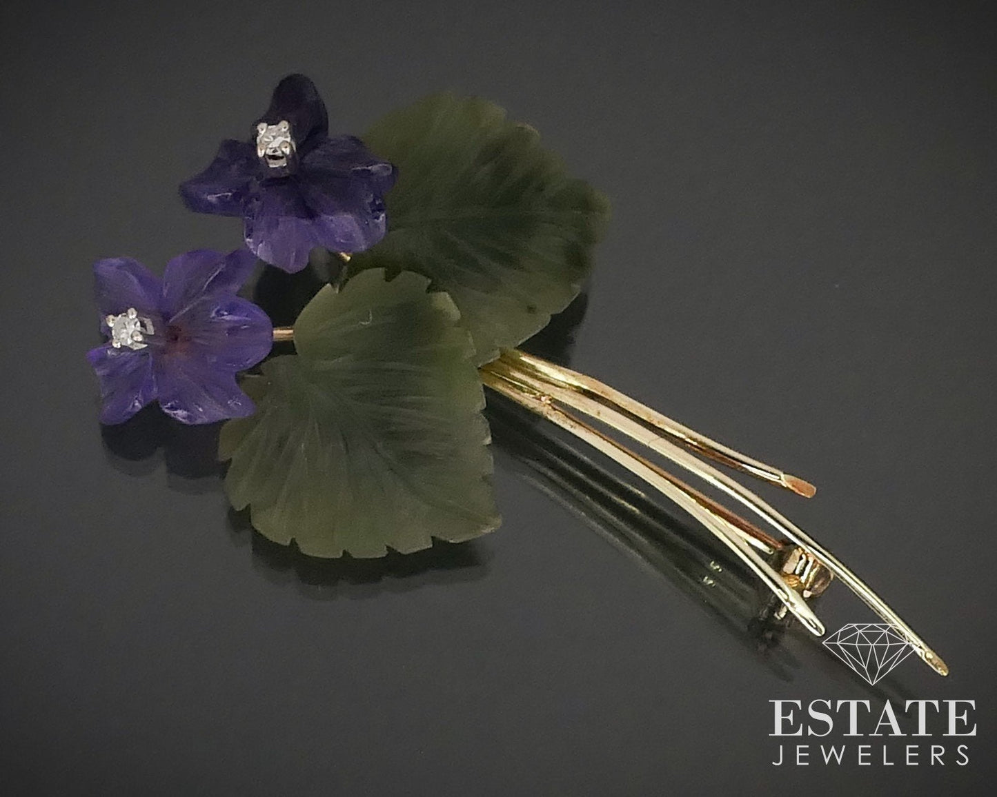 Vintage 14K Yellow Gold Amethyst & Jade Diamond Flower Pin Brooch 6.4g i15995