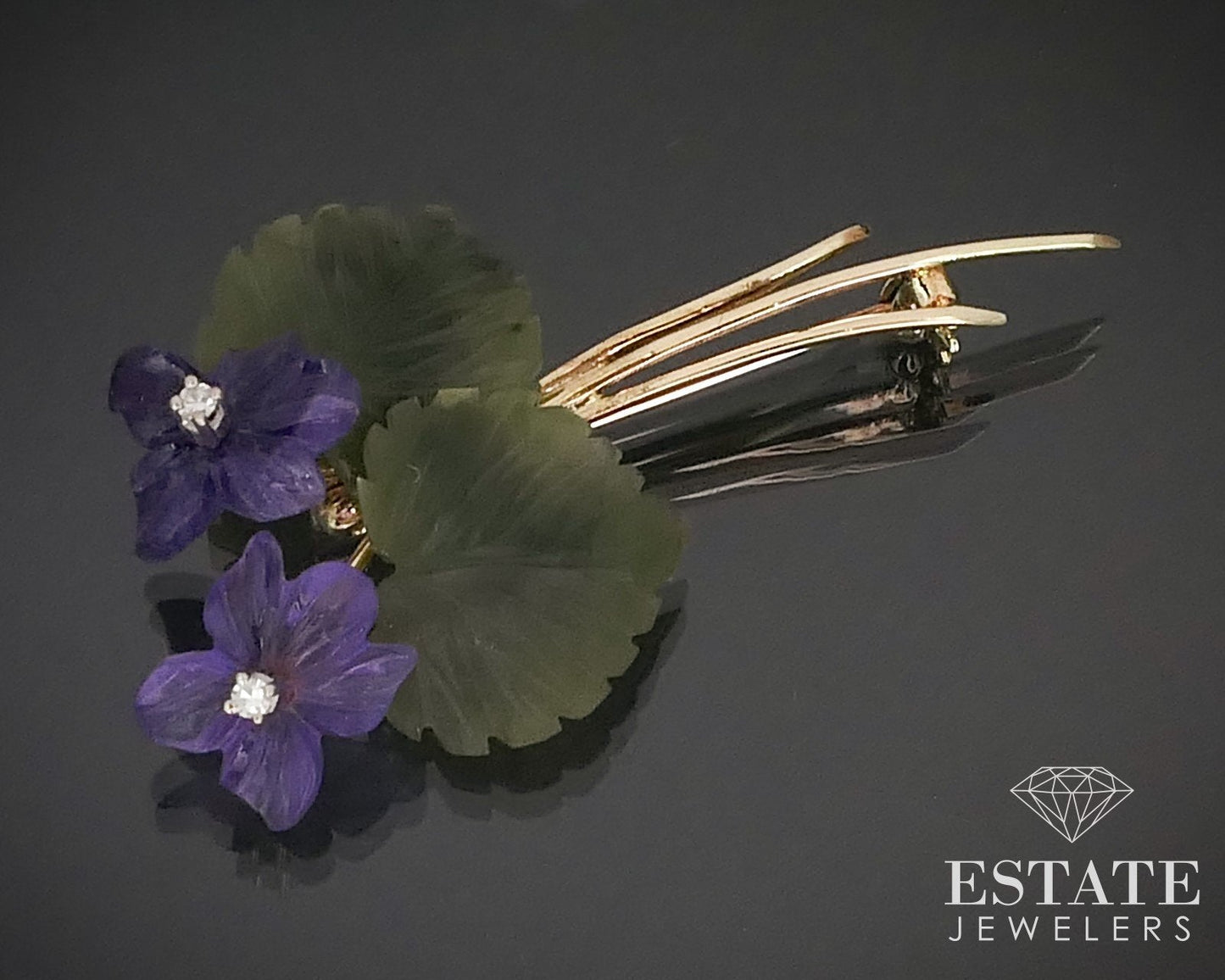 Vintage 14K Yellow Gold Amethyst & Jade Diamond Flower Pin Brooch 6.4g i15995