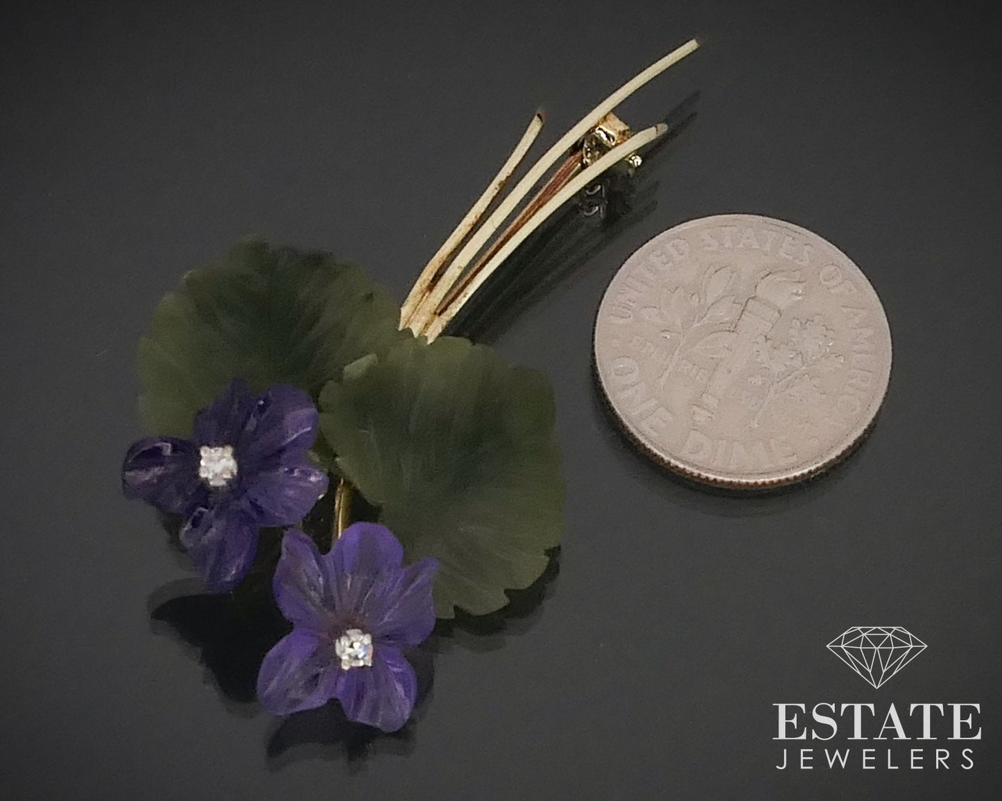 Vintage 14K Yellow Gold Amethyst & Jade Diamond Flower Pin Brooch 6.4g i15995