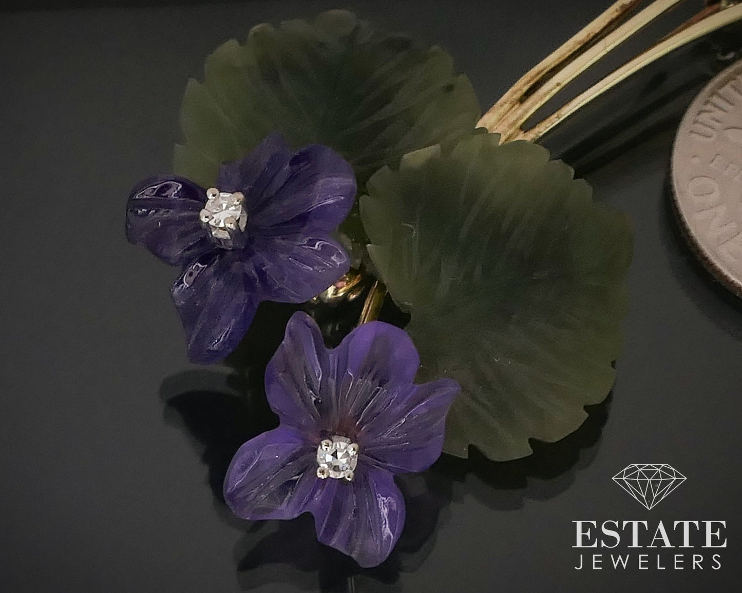 Vintage 14K Yellow Gold Amethyst & Jade Diamond Flower Pin Brooch 6.4g i15995