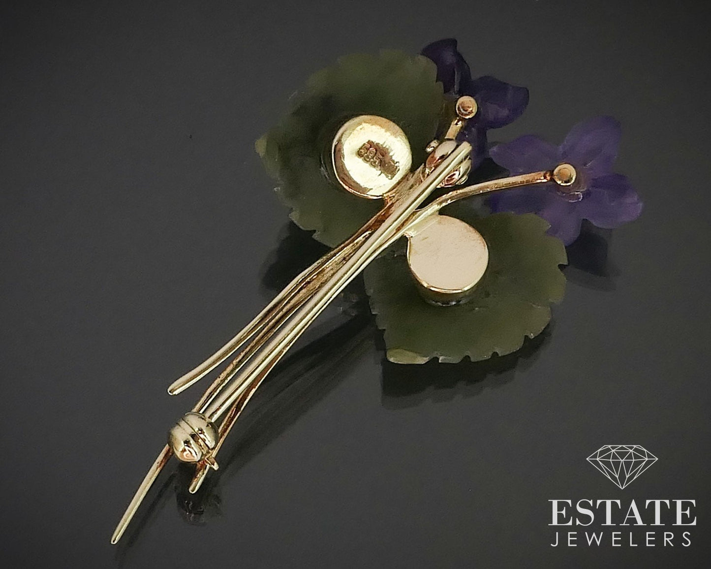 Vintage 14K Yellow Gold Amethyst & Jade Diamond Flower Pin Brooch 6.4g i15995