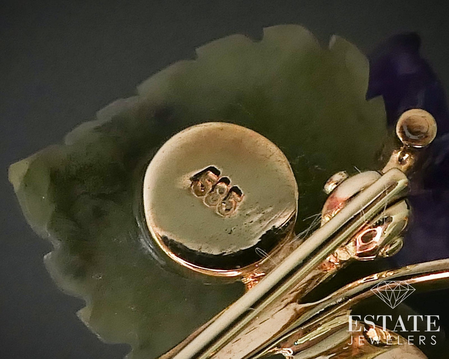 Vintage 14K Yellow Gold Amethyst & Jade Diamond Flower Pin Brooch 6.4g i15995