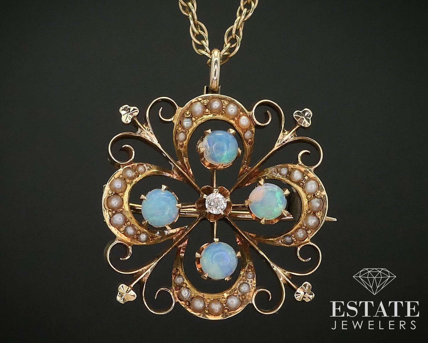 Antique 14K Yellow Gold Opal Diamond & Seed Pearl Pendant Necklace 7.4g i15994