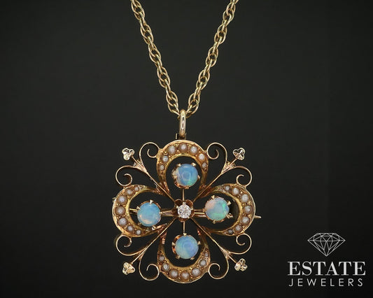 Antique 14K Yellow Gold Opal Diamond & Seed Pearl Pendant Necklace 7.4g i15994