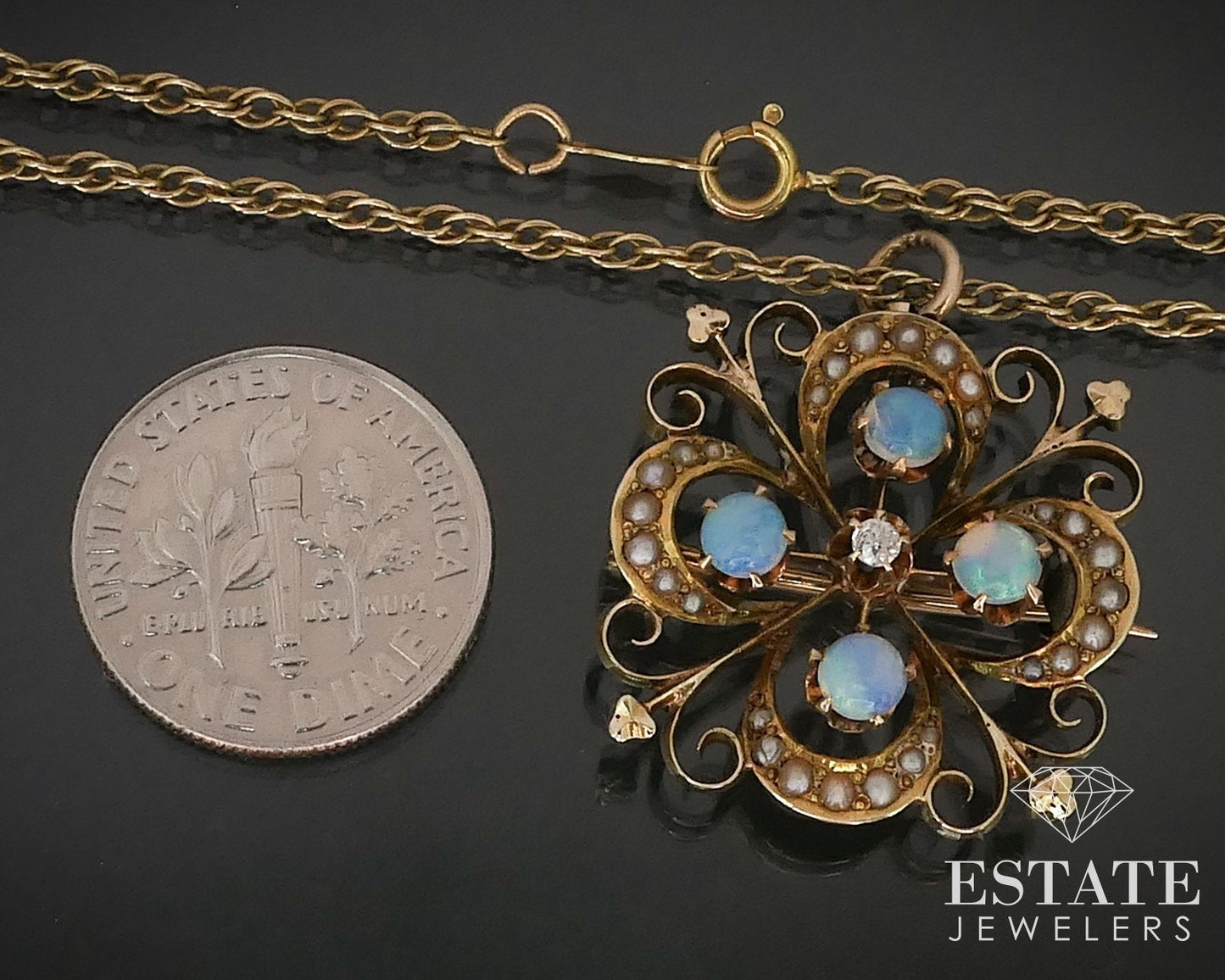 Antique 14K Yellow Gold Opal Diamond & Seed Pearl Pendant Necklace 7.4g i15994