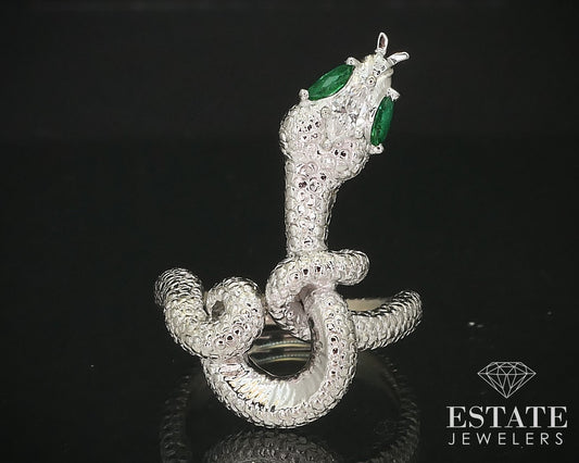 18k White Gold Natural Diamond & Emerald Snake Coiled Ladies Ring 13.6g i15996