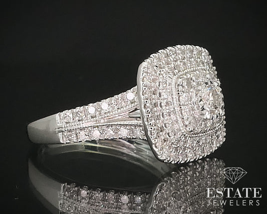 10k White Gold Round Natural 1.00ctw Diamond Halo Engagement Ring 4.8g i16032