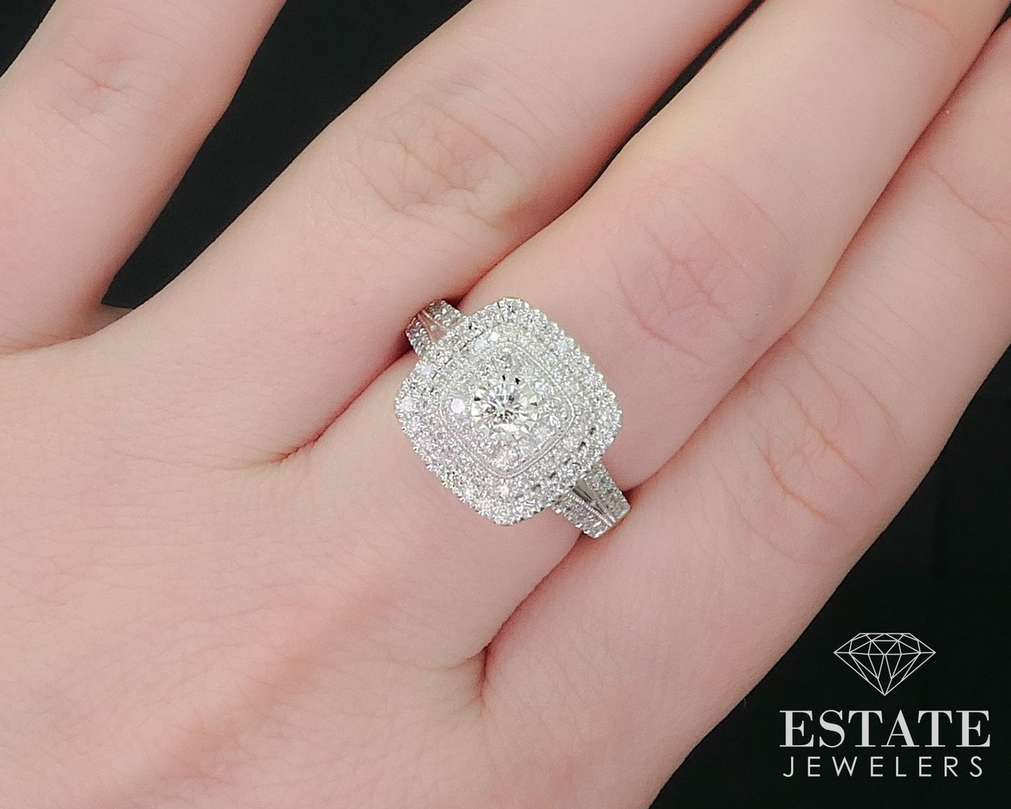10k White Gold Round Natural 1.00ctw Diamond Halo Engagement Ring 4.8g i16032