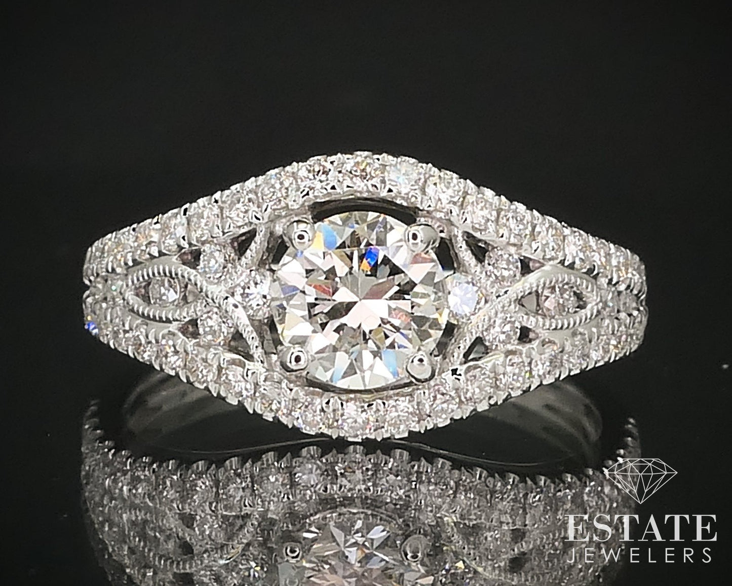 18k White Gold Round Natural 1.38ctw Diamond Filigree Engagement Ring 3g i16026