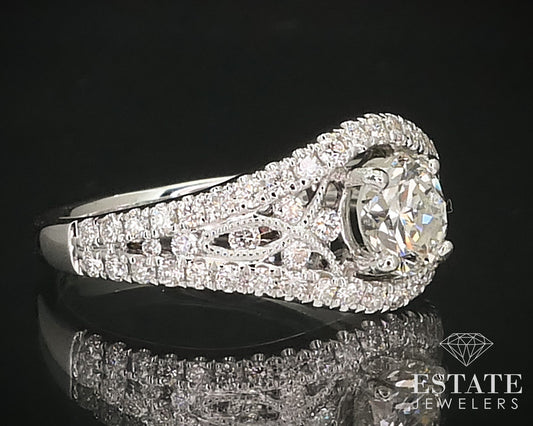 18k White Gold Round Natural 1.38ctw Diamond Filigree Engagement Ring 3g i16026