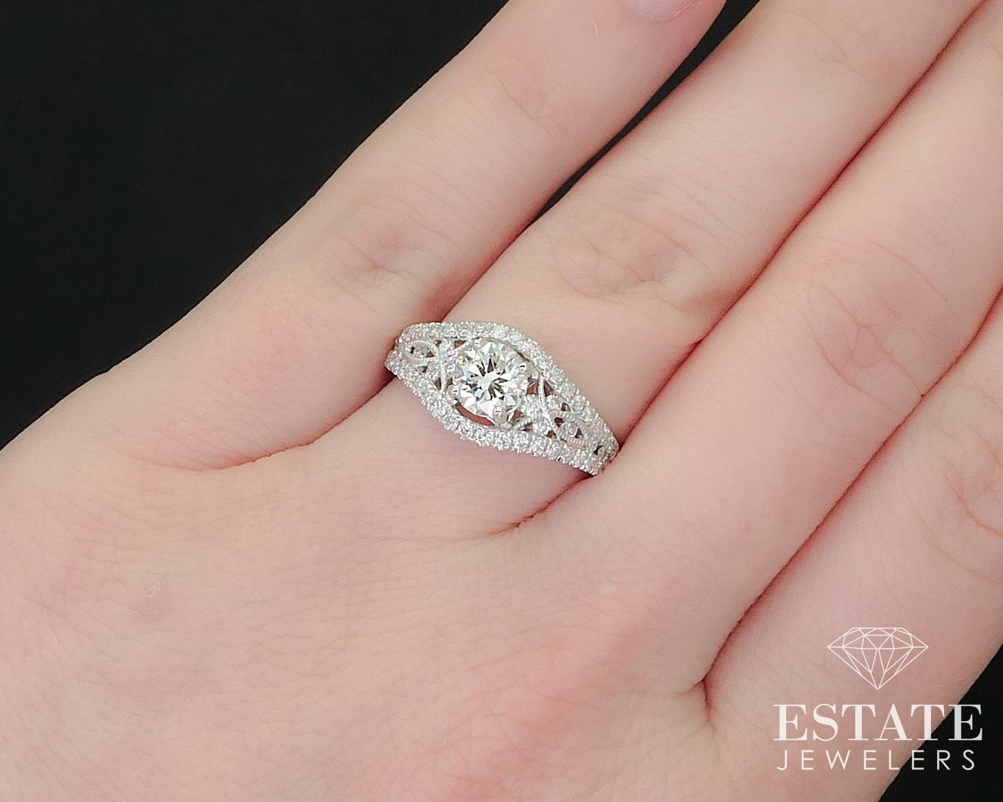 18k White Gold Round Natural 1.38ctw Diamond Filigree Engagement Ring 3g i16026