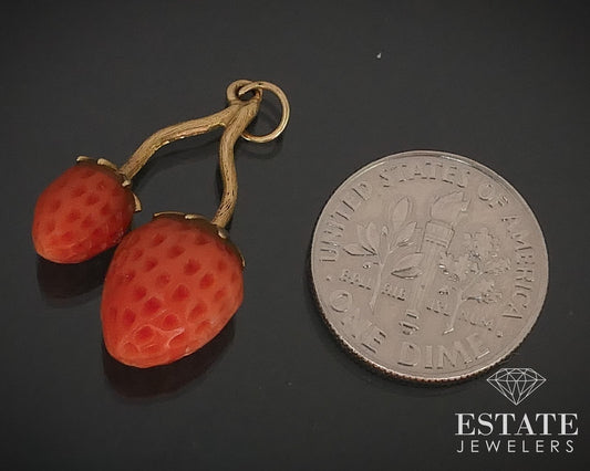 Antique 17k Yellow Gold Carved Natural Coral Strawberry Charm 3.1g i16016