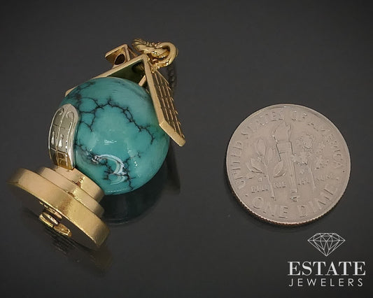 Vintage 18k Yellow Gold 15.8mm Turquoise Dimensional Globe Charm 13.3g i16018