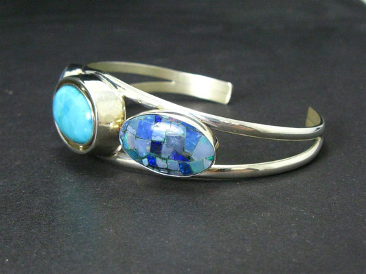 Sterling Jay King DTR Turquoise & Opal Reversible Cuff Bracelet 26g i16081