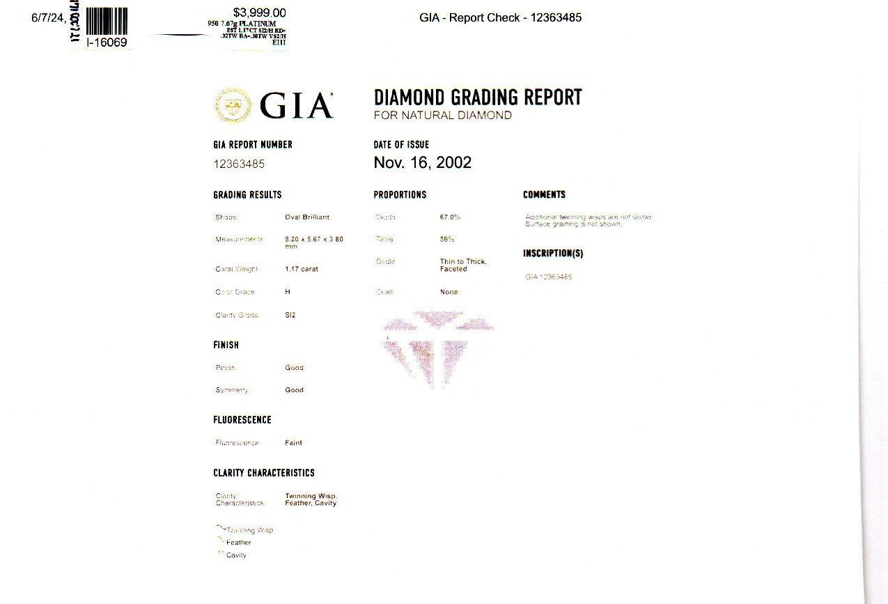 Platinum GIA Oval Natural 1.17ct Diamond Engagement Ladies Ring 7.6g i16069