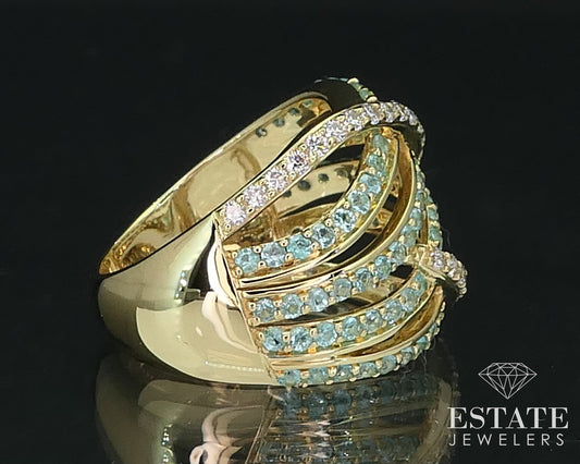 18k Yellow Gold Natural Paraiba Tourmaline & Diamond Band Ring 7.0g i16065