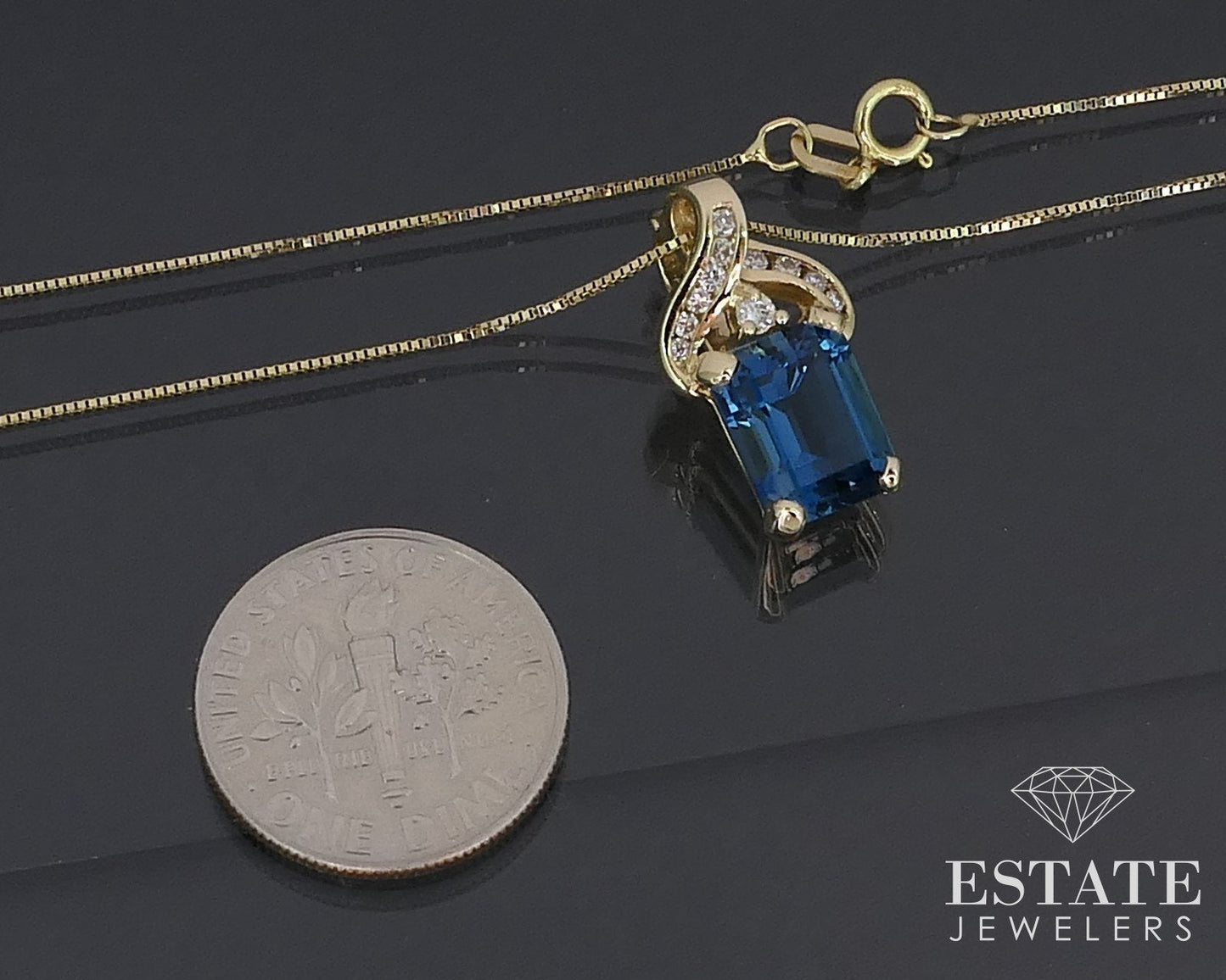 14K Yellow Gold Natural London Blue Topaz & Diamond Necklace 3.5g 18"L i16068