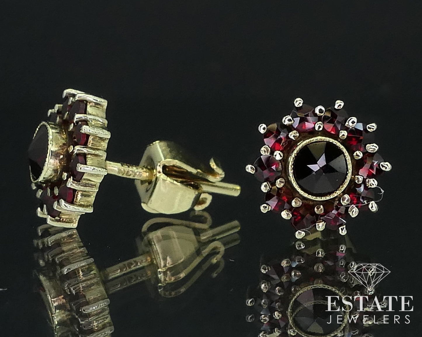 Antique 14k Yellow Gold Natural Bohemian Garnet Stud Earrings 3.2g i16074