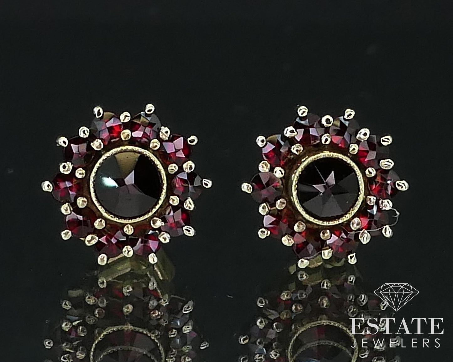 Antique 14k Yellow Gold Natural Bohemian Garnet Stud Earrings 3.2g i16074