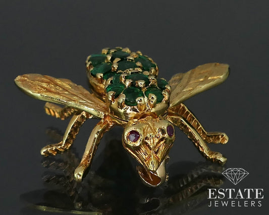 18k Yellow Gold Herbert Rosenthal Emerald & Ruby Bee Bug Pin Brooch 5g i16036