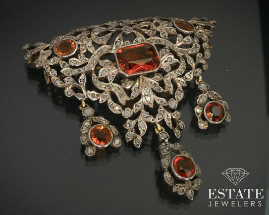 Antique Georgian 15k Yellow Gold Citrine & Rose Cut Diamond Brooch 27.8g i16025