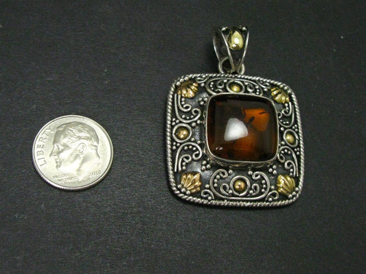 Estate 18k & Sterling Silver Natural Amber BA Bali Suarti Pendant 14.7g i16141