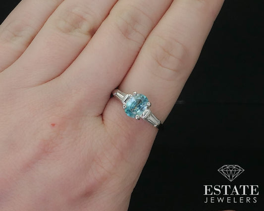 Antique Platinum Oval Natural Blue Zircon & Diamond Engagement Ring 5.9g i16157