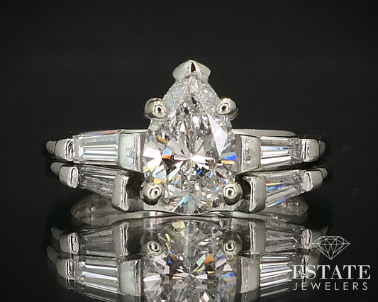 Vintage Platinum Pear Cut Natural 1.50ctw Diamond Wedding Set 9.0g i16161