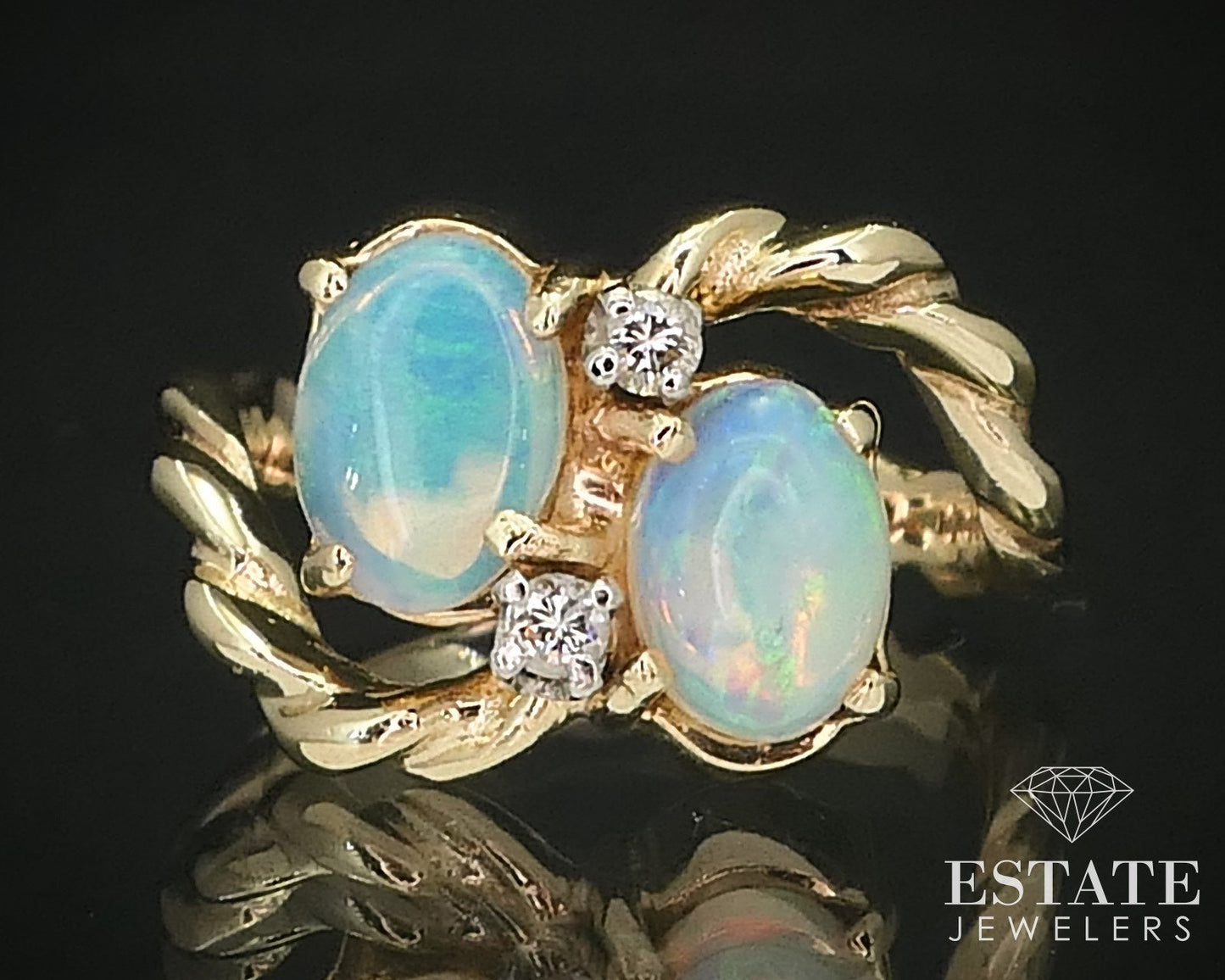 14K Yellow Gold Bypass Natural Opal Diamond Ring 3.8g i16164