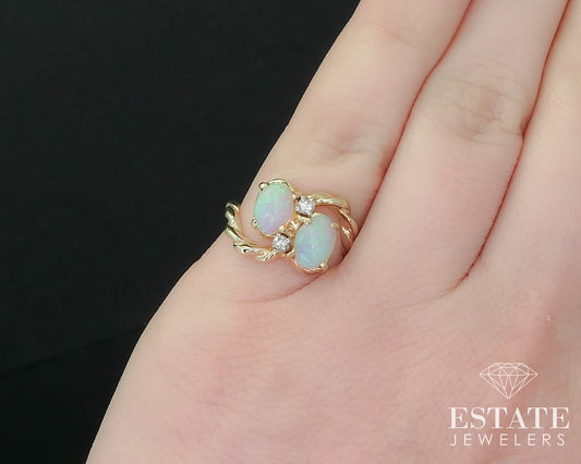 14K Yellow Gold Bypass Natural Opal Diamond Ring 3.8g i16164