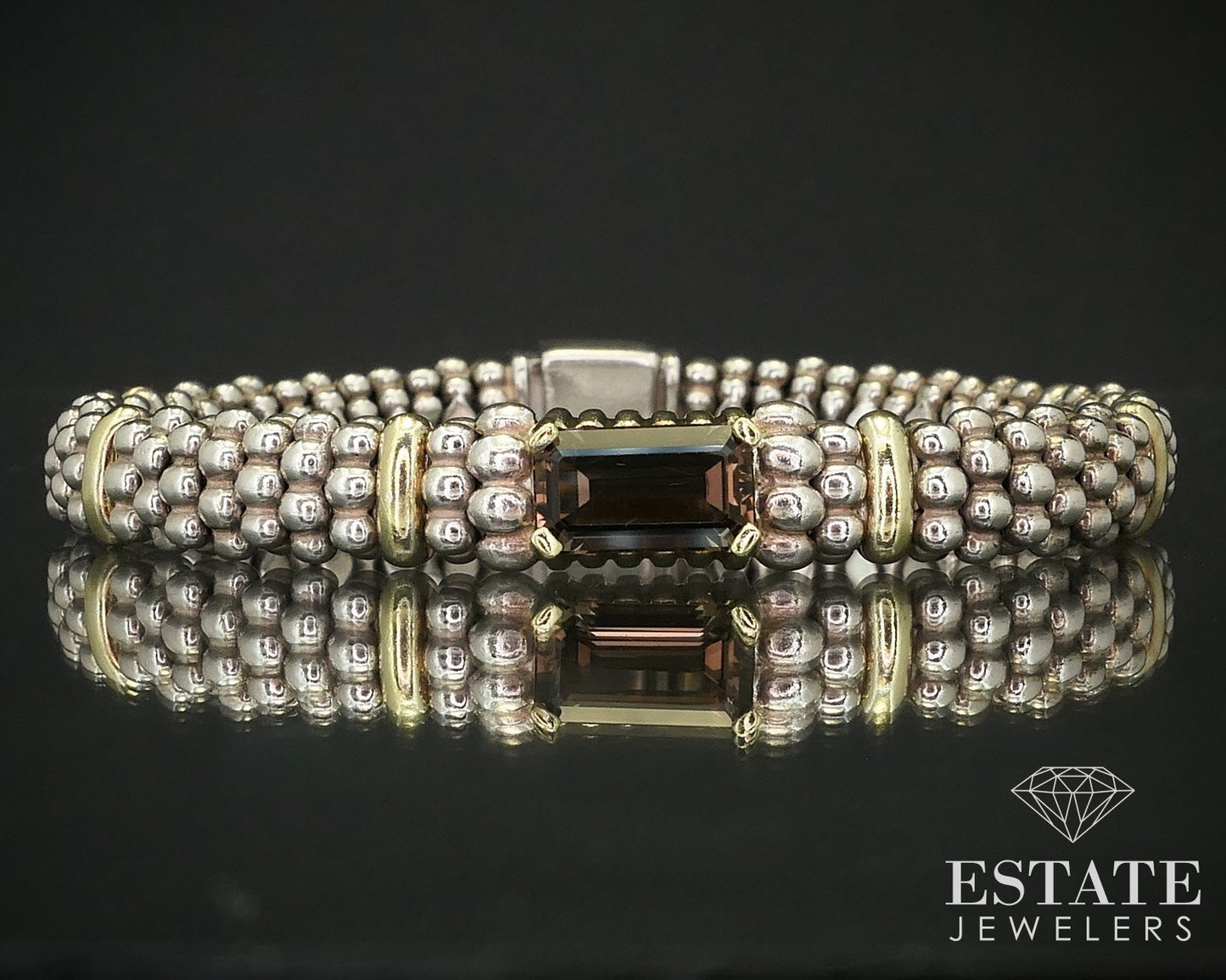 18k & Sterling LAGOS Caviar Natural Smoky Quartz Bracelet 48.3g 7"L i16194