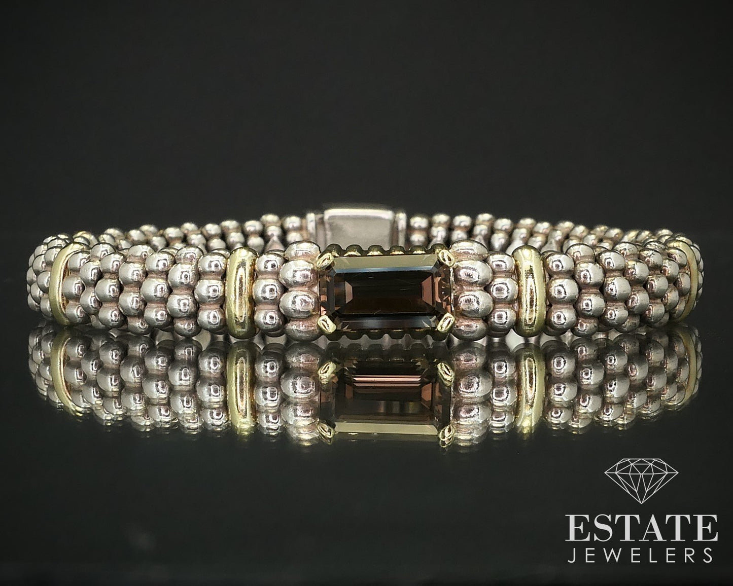 18k & Sterling LAGOS Caviar Natural Smoky Quartz Bracelet 48.3g 7"L i16194