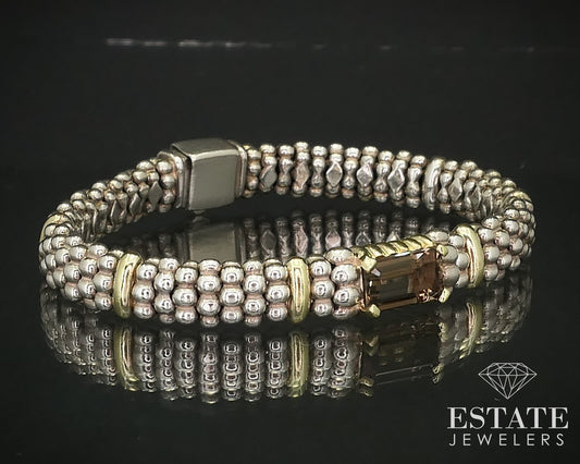 18k & Sterling LAGOS Caviar Natural Smoky Quartz Bracelet 48.3g 7"L i16194