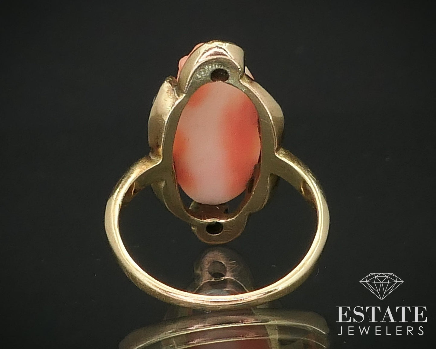 Antique 10k Yellow Gold Natural Coral Cameo & Diamond Ring 3.5g i16199